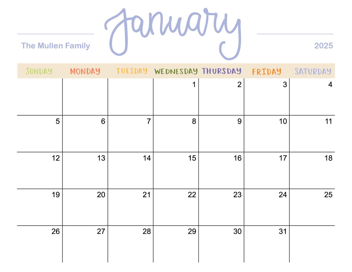 2025 Monthly Calendar