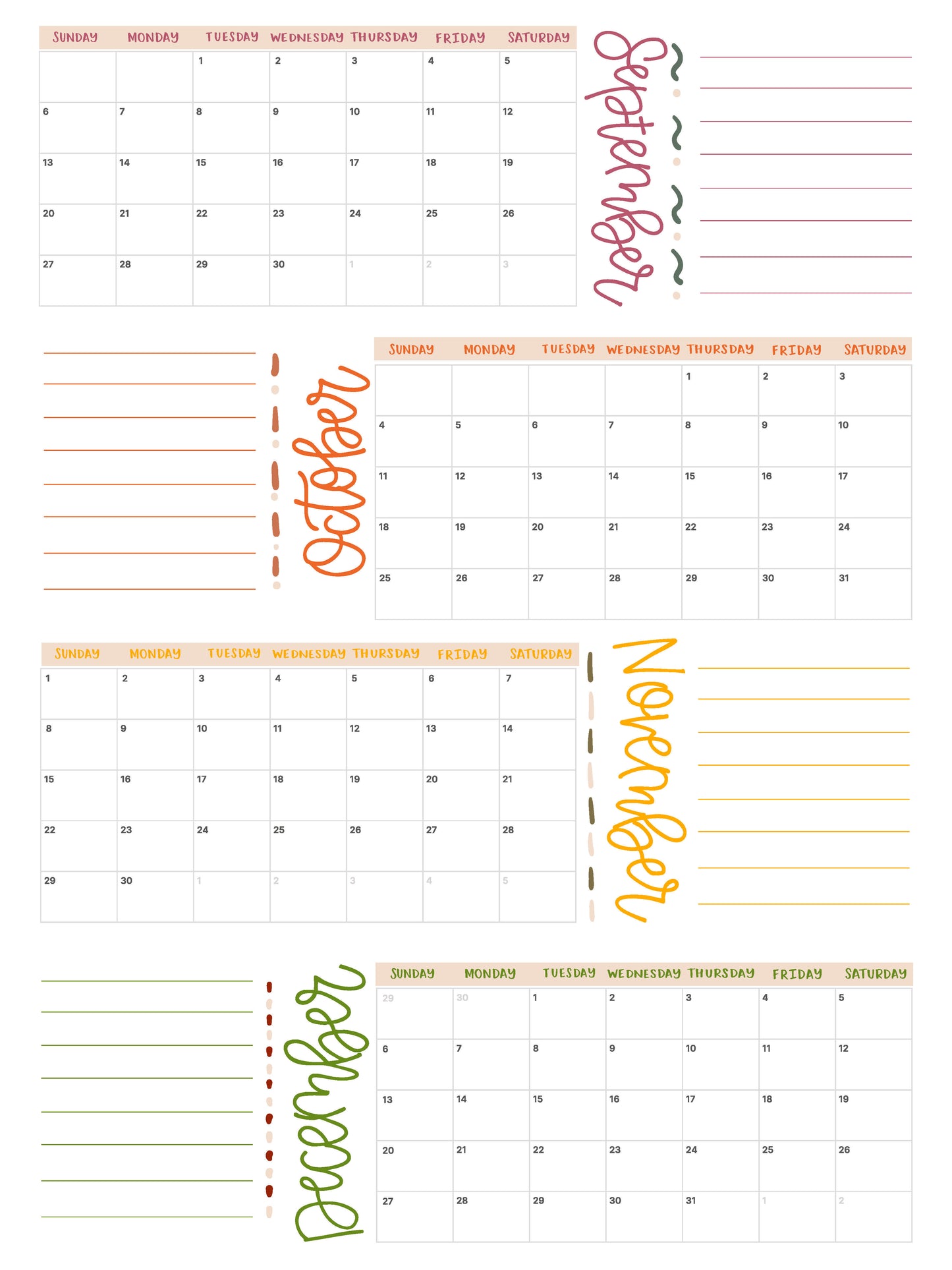 September - December Calendar